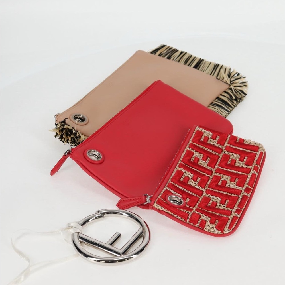 FENDI Zucca Canvas Triplet Clutch Bag Leather Beige Red Silver - Picture 2 of 15
